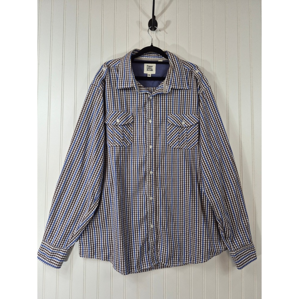 Paper Denim & Cloth Mens 2XL Blue Brown Gingham Plaid Cotton Button Down Shirt